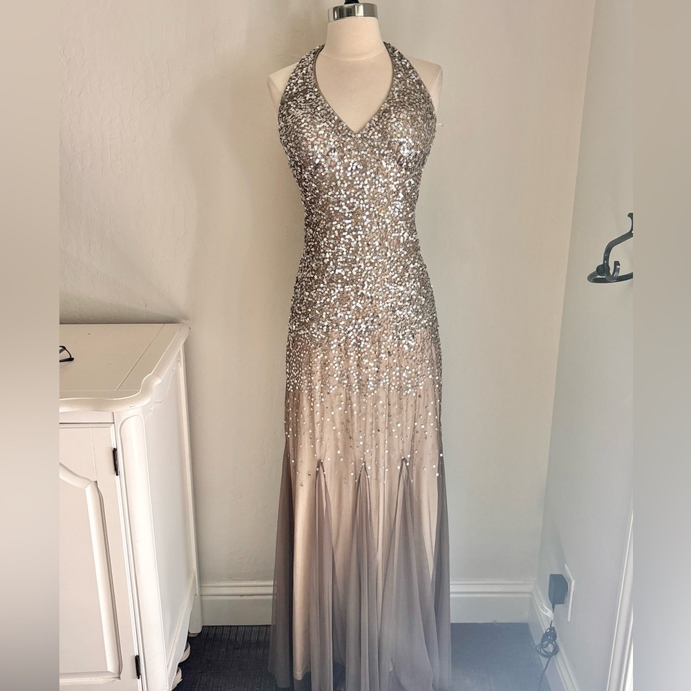 Morgan & Co Mesh Gradient Sequin Halter Gown in Taupe, Cutout Junior’s Size 1/2
